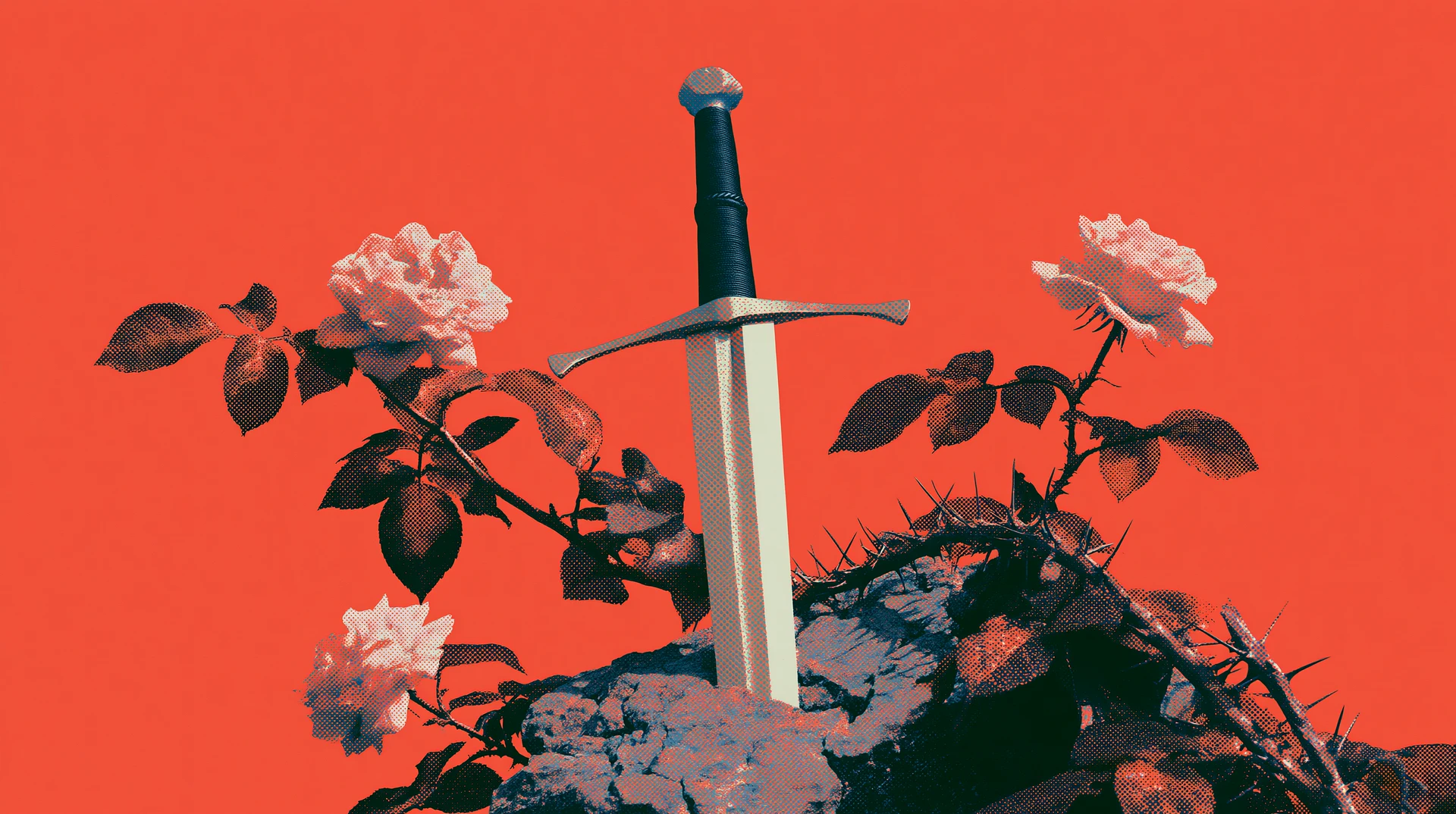 Épée plantée dans la pierre, entourée de roses, sur fond vermillon.