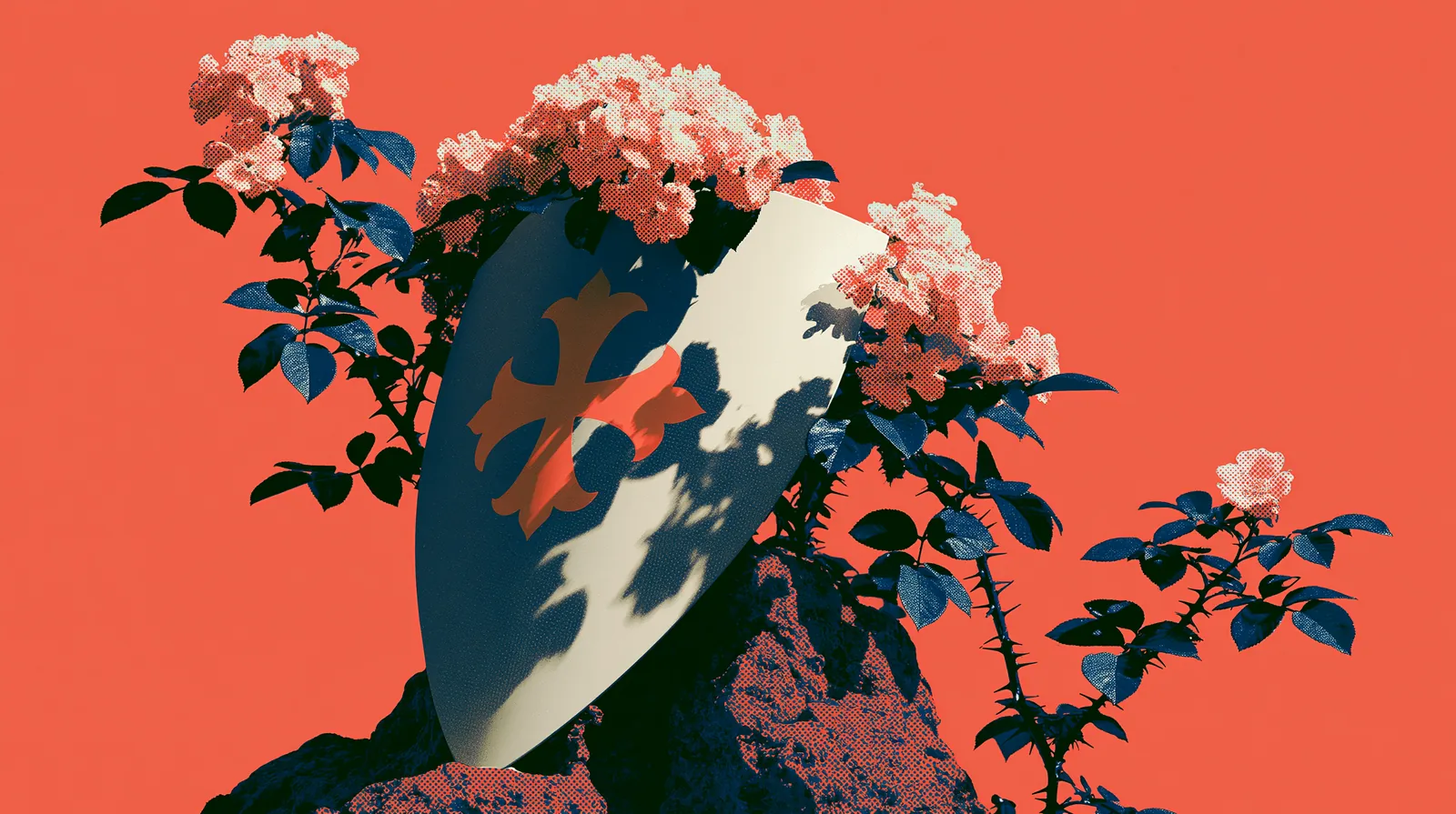 Bouclier à croix appuyé sur une pierre, entouré de roses.