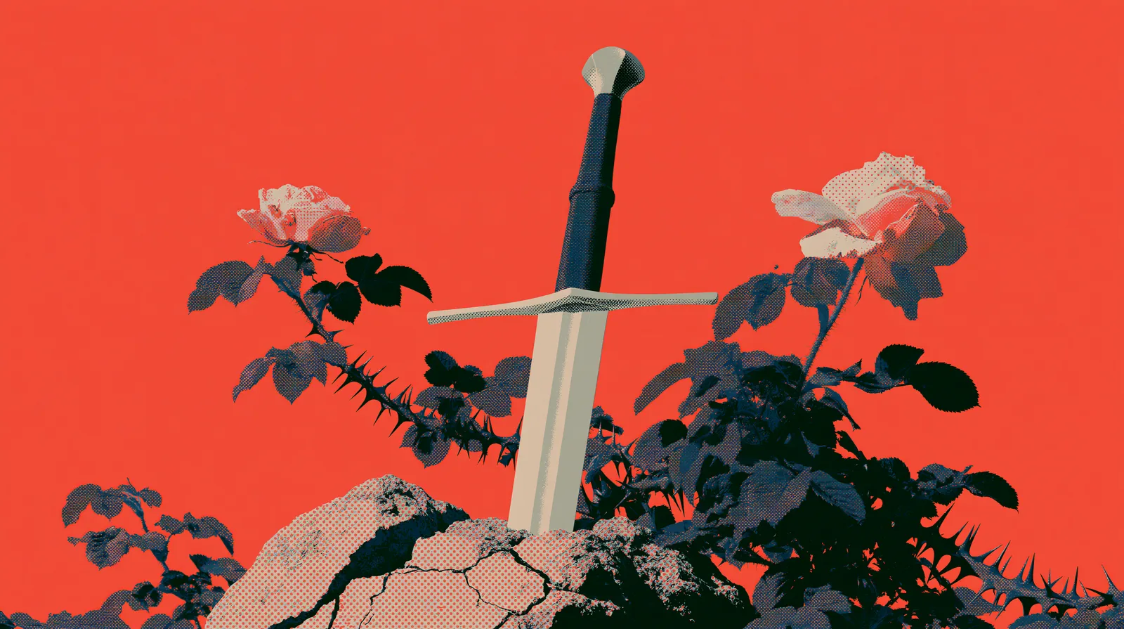 Épée plantée dans la pierre, entourée de roses.