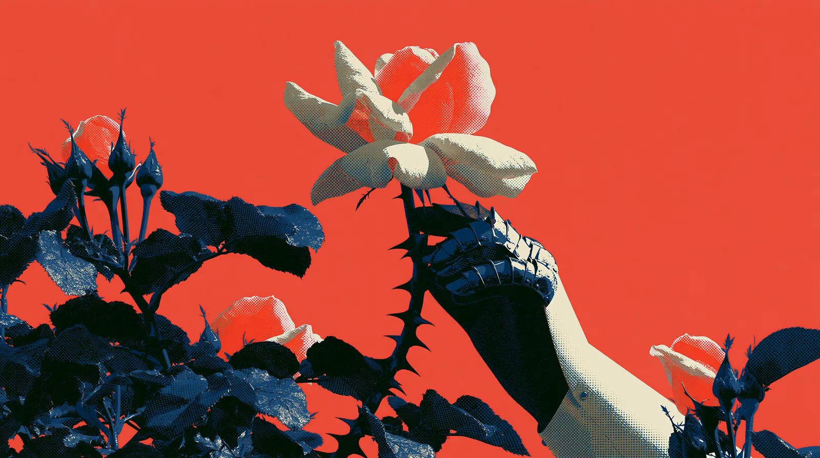 Gantelet d'armure tenant une rose.