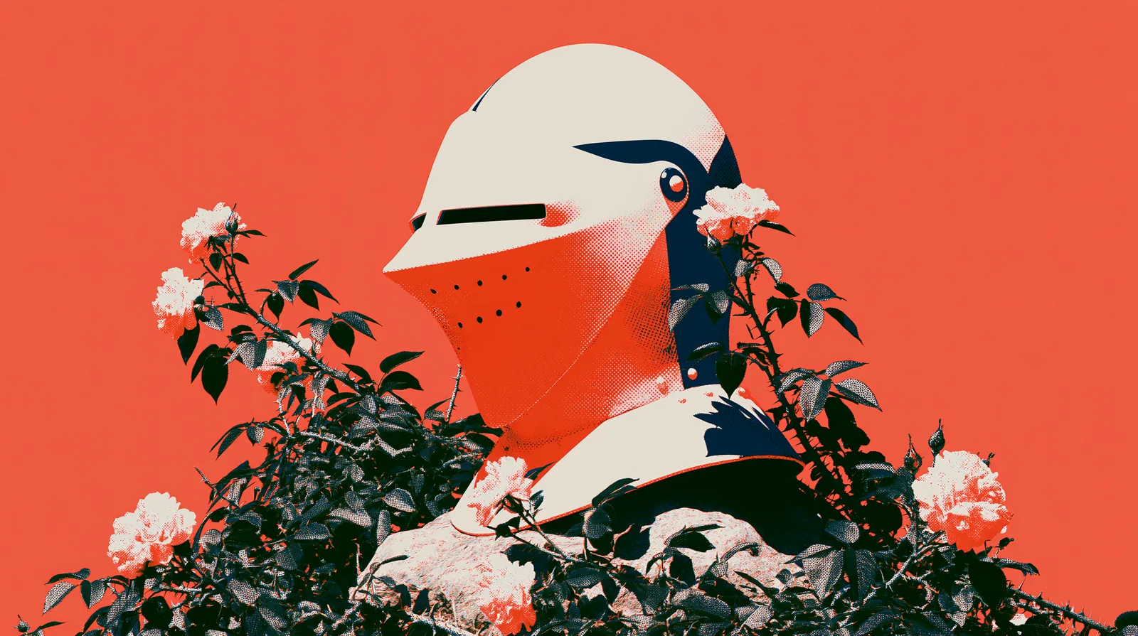 Heaume fermé à visière, de profil, parmi les roses.